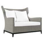 Bernhardt Exteriors Captiva Outdoor Chair 1/2 in Pewter Grey herringbone all-weather wicker with graphite aluminium base