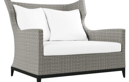 Bernhardt Exteriors Captiva Outdoor Chair 1/2 in Pewter Grey herringbone all-weather wicker with graphite aluminium base