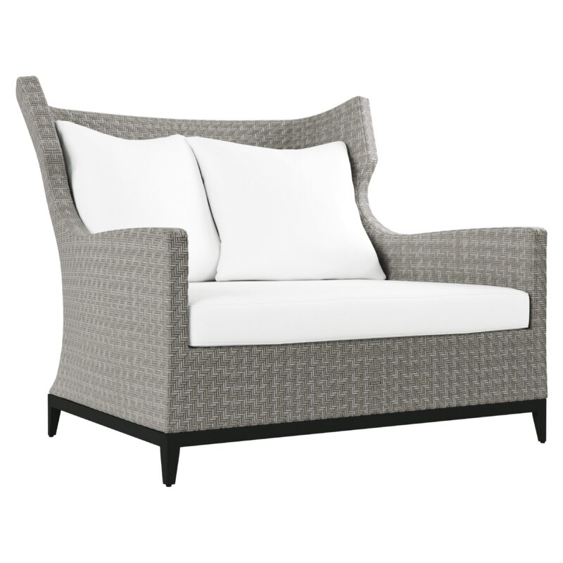 Bernhardt Exteriors Captiva Outdoor Chair 1/2 in Pewter Grey herringbone all-weather wicker with graphite aluminium base