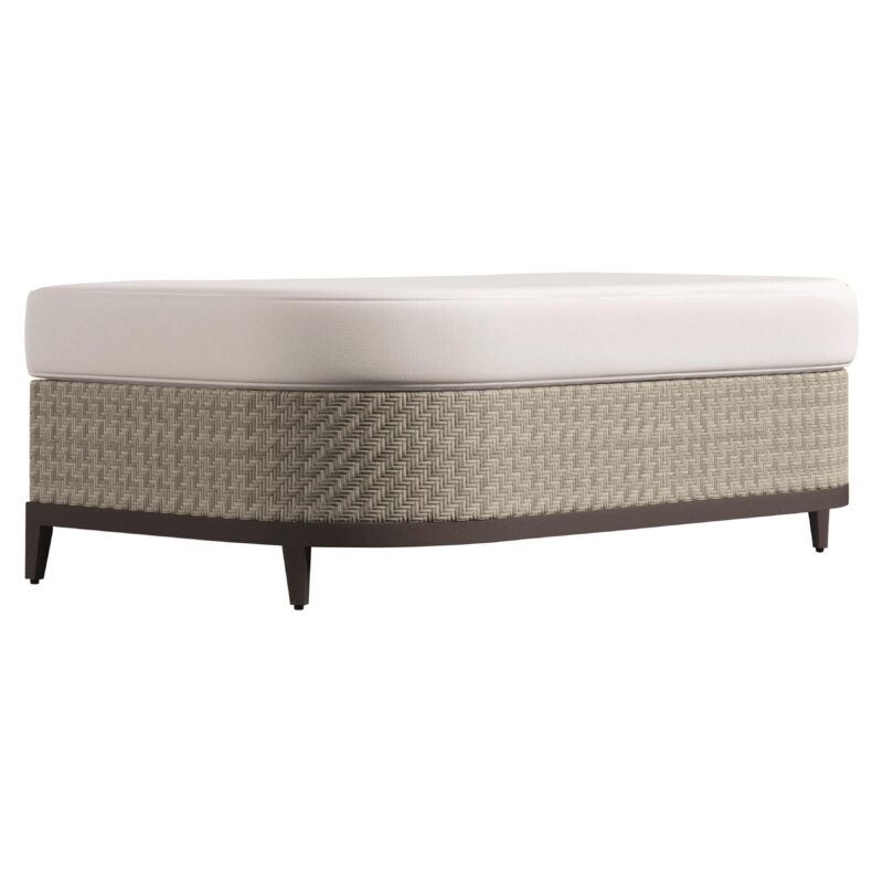 Bernhardt Exteriors Captiva Outdoor Ottoman in Pewter Grey herringbone all-weather wicker with graphite aluminium base